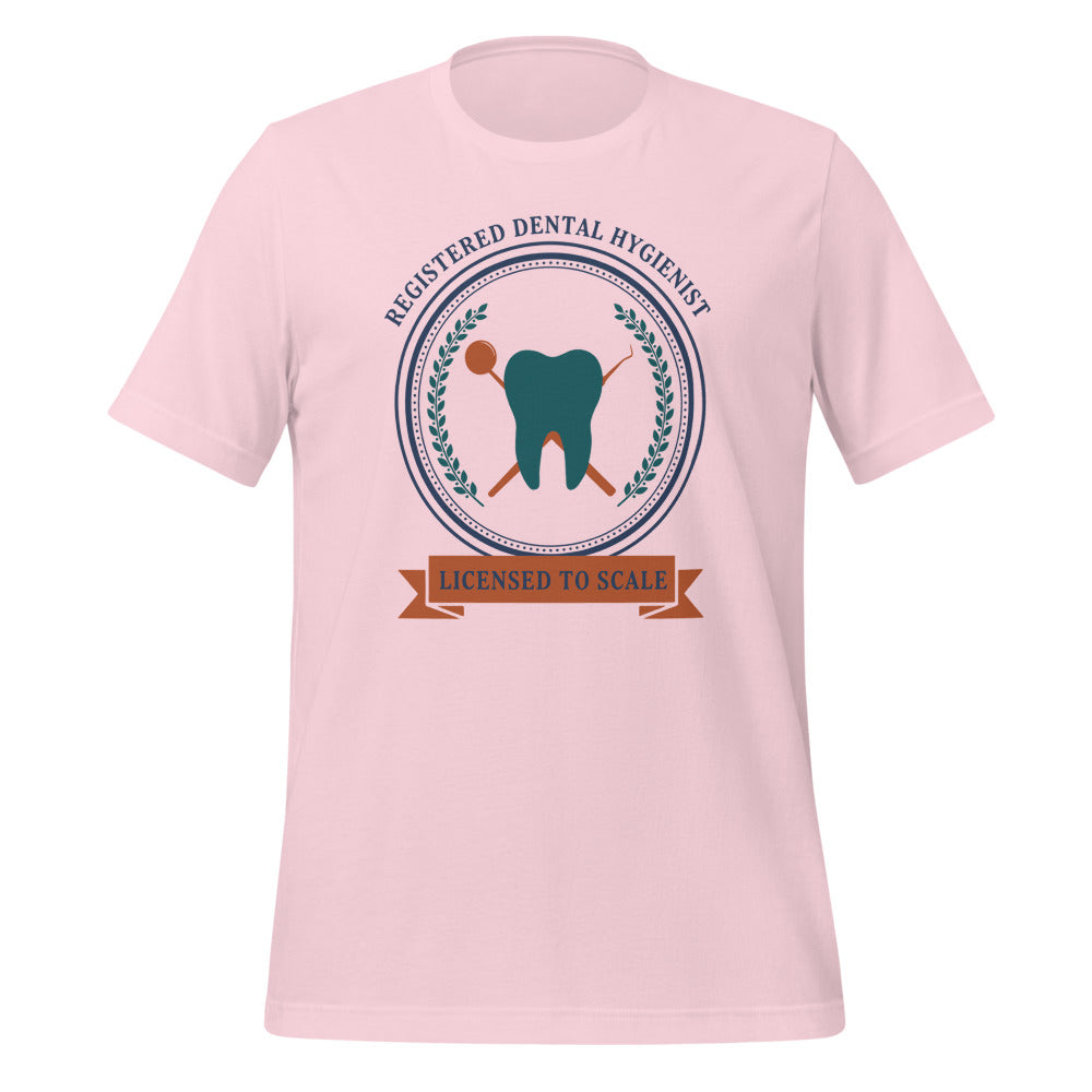 Licensed to Scale registered dental hygienist tee — Soft Pink, front