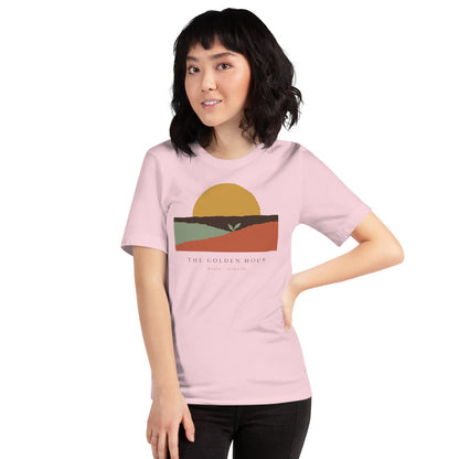 The Golden Hour birth worker doula t-shirt — Soft Pink, on model