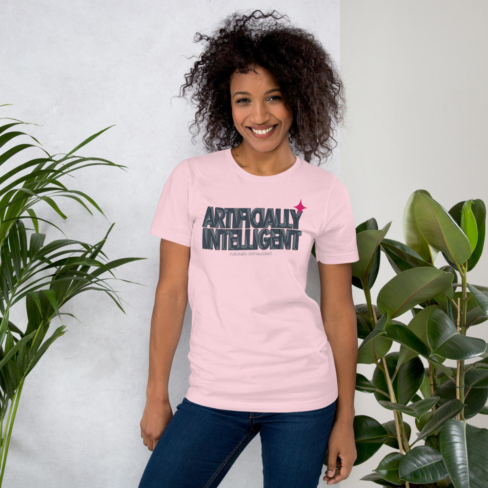 Artificially Intelligent funny AI t-shirt — Soft Pink, on model