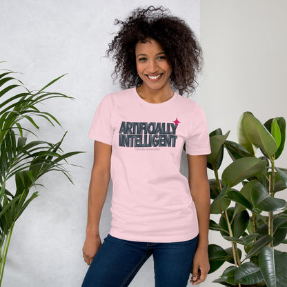 Artificially Intelligent funny AI t-shirt — Soft Pink, on model