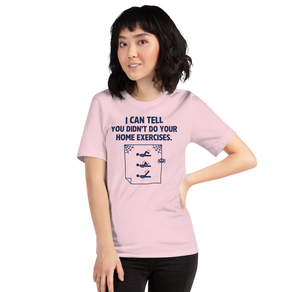 Home Exercises funny physical therapy tee — Soft Pink, on model