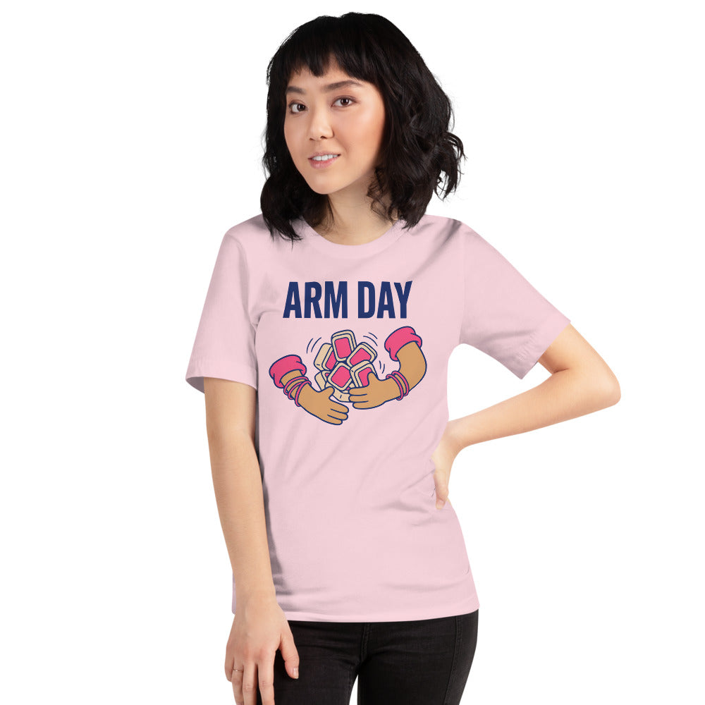 Arm Day funny mahjong tee — Soft Pink, on model
