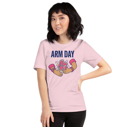 Arm Day funny mahjong tee — Soft Pink, on model