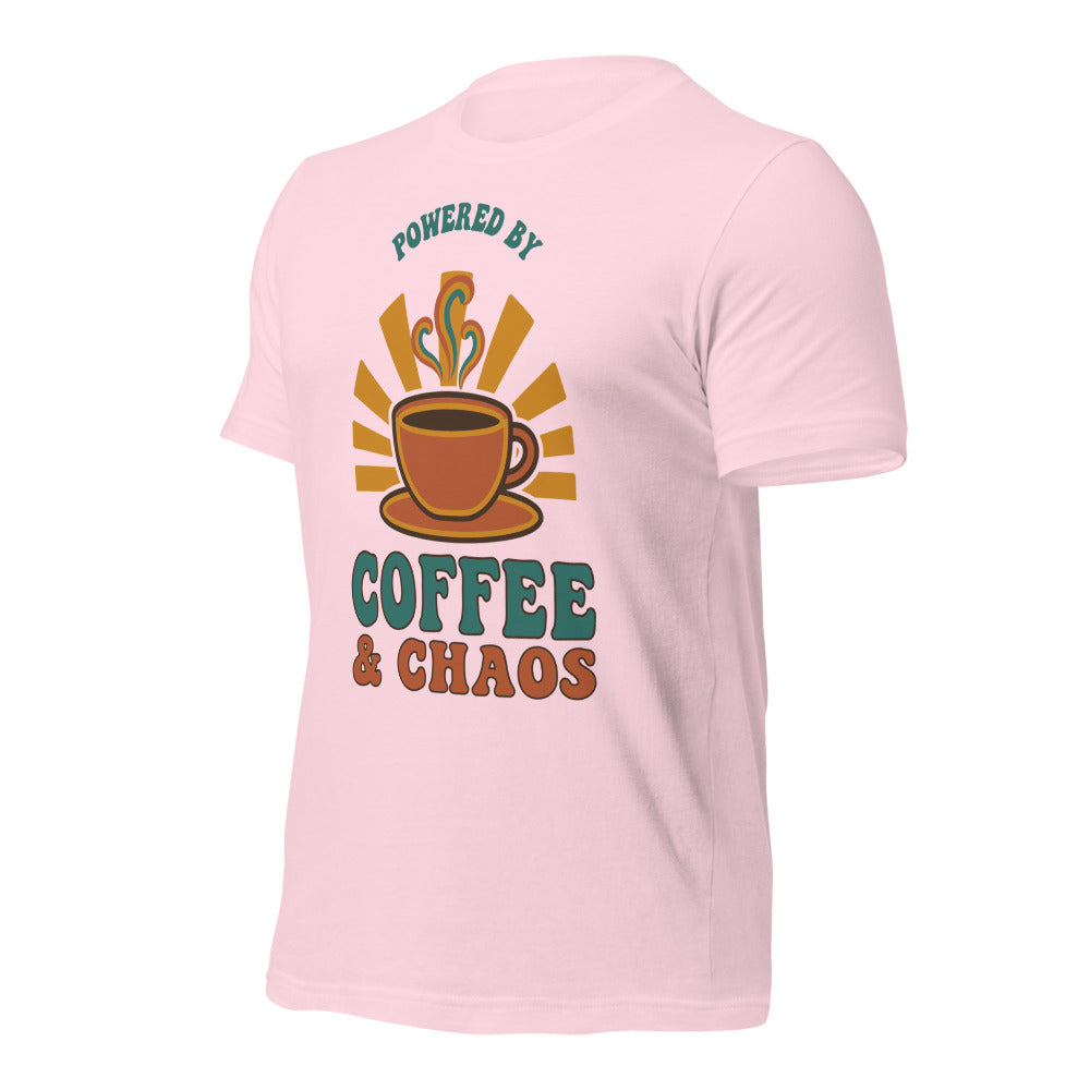 Powered By Coffee And Chaos retro groovy teacher tee — Soft Pink, front right angle