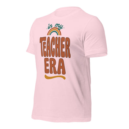 In My Teacher Era retro groovy teacher tee — Soft Pink, front right