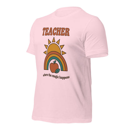 Teacher Where The Magic Happens retro groovy teacher tee — Soft Pink, front angle