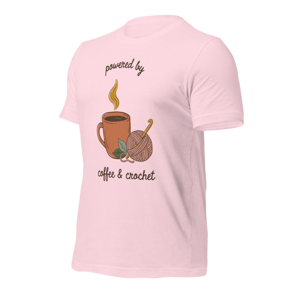 Powered by Coffee and Crochet cottagecore crochet tee — Soft Pink, front right