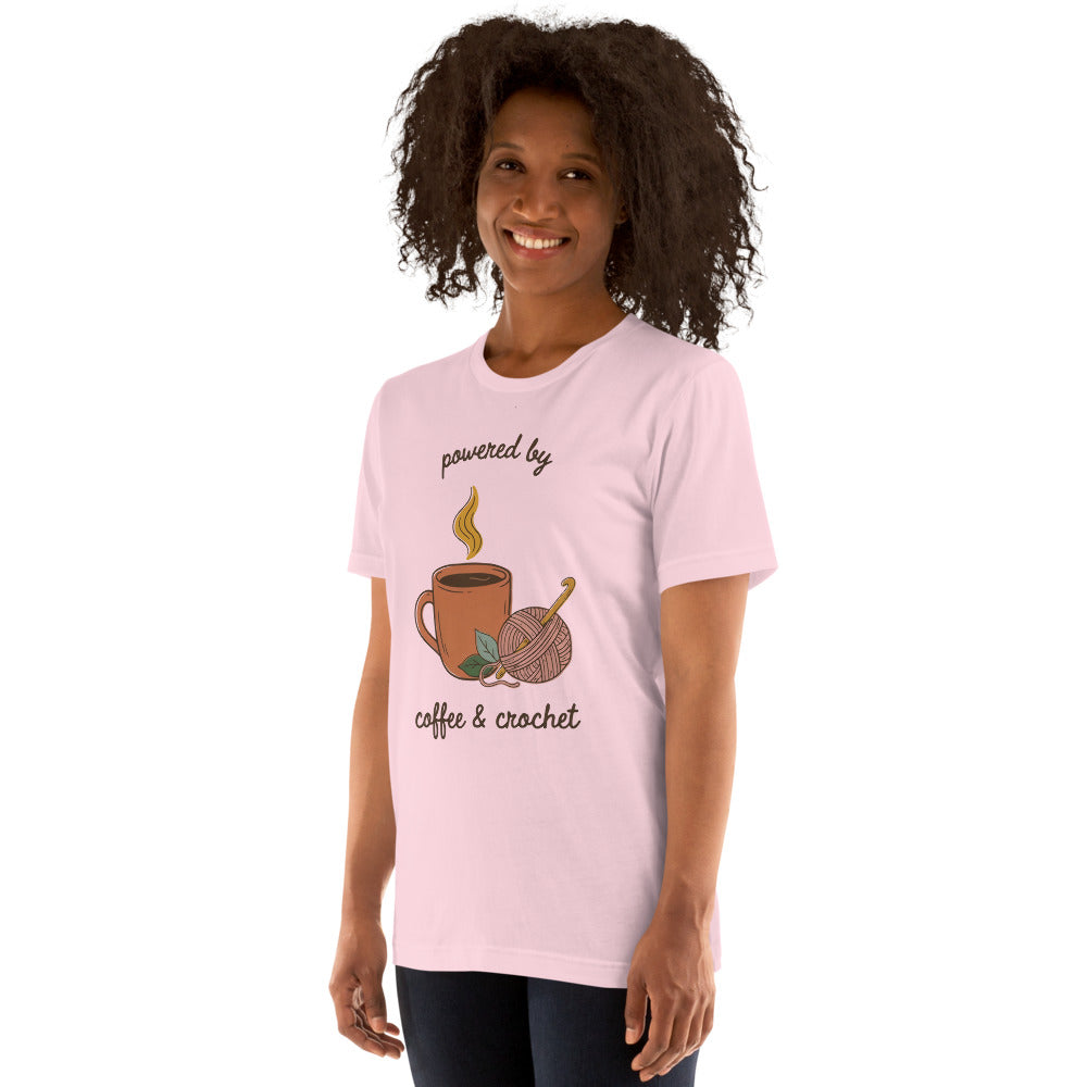 Powered by Coffee and Crochet cottagecore crochet tee — Soft Pink, on model