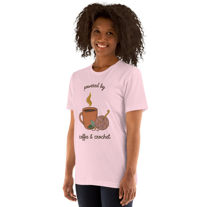 Powered by Coffee and Crochet cottagecore crochet tee — Soft Pink, on model
