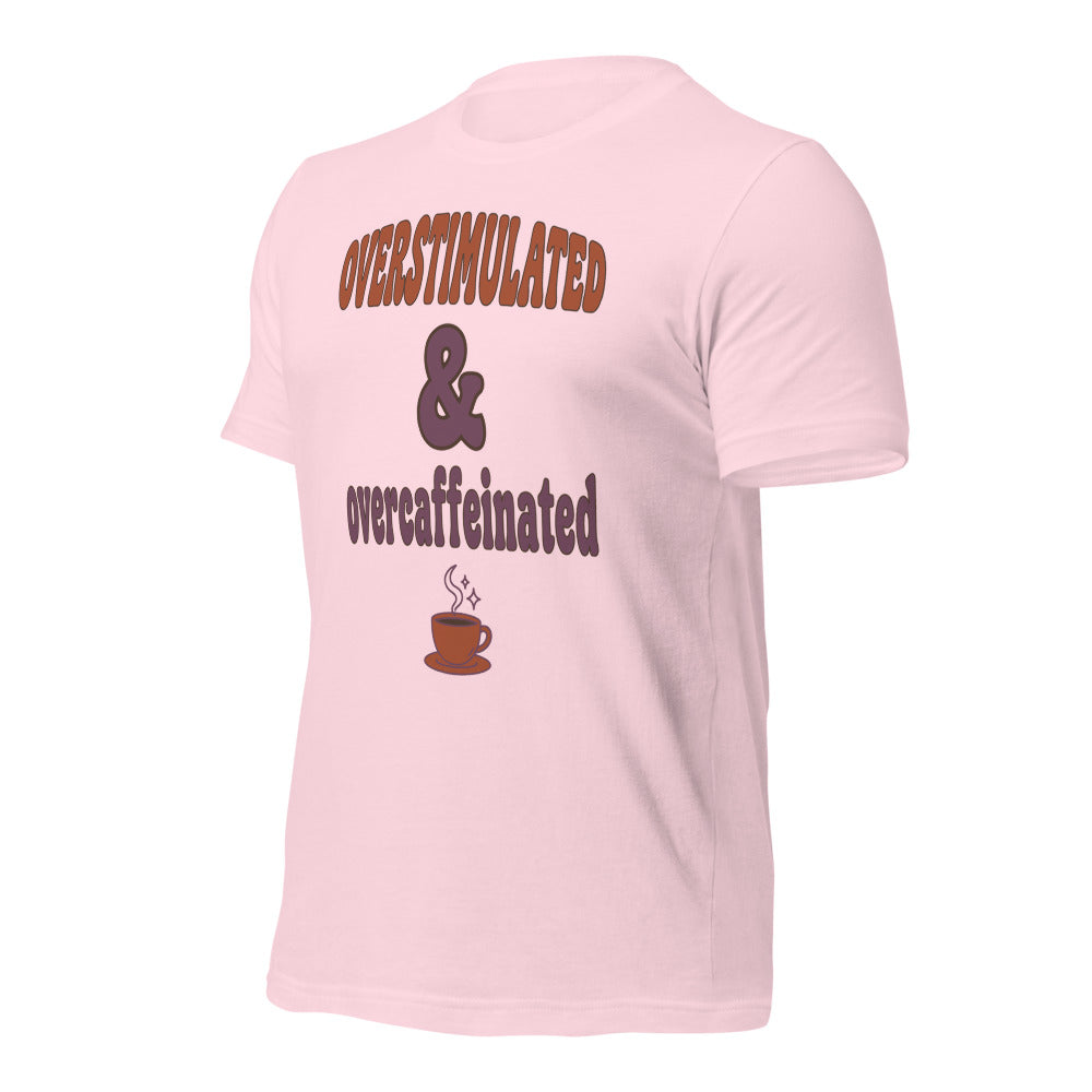 Overstimulated & Overcaffeinated soft retro coffee mental health tee — Soft Pink, front-right