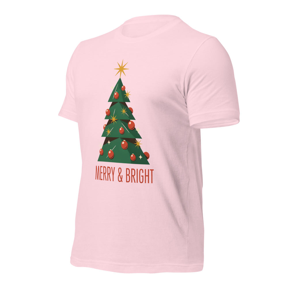 Atomic mid-century retro Christmas tree tee — Soft Pink, front-right