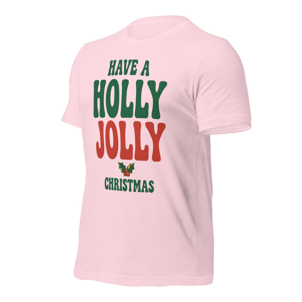 Groovy Holly Jolly retro Christmas tee — Soft Pink, front-right