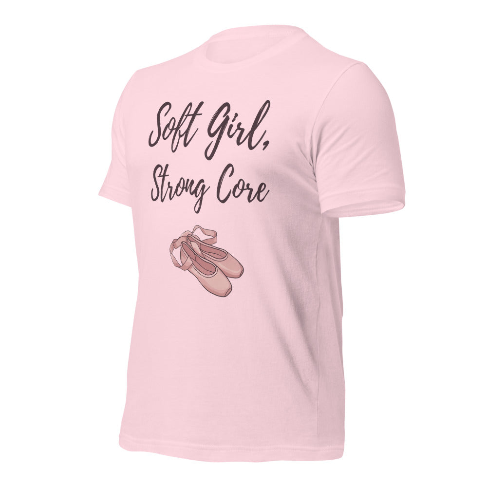 Soft Girl Strong Core ballet coquette pilates tee — Soft Pink, front-right