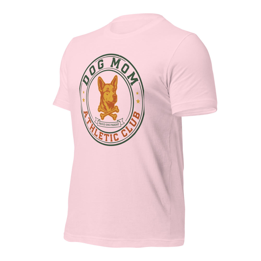 Dog Mom Athletic Club vintage varsity crest tee — Soft Pink, front-right