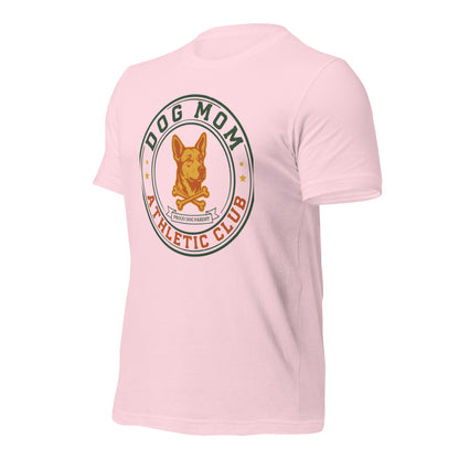 Dog Mom Athletic Club vintage varsity crest tee — Soft Pink, front-right