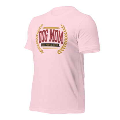 Dog Mom vintage varsity wordmark tee — Soft Pink, front-right