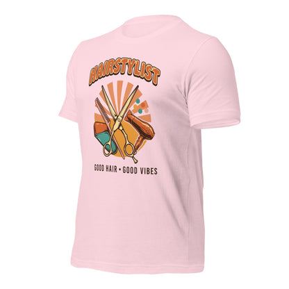 Retro Salon Hairstylist good hair good vibes tee — Soft Pink, front-right