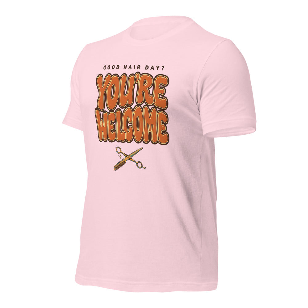 Funny hairstylist Good Hair Day You're Welcome tee — Soft Pink, front-right
