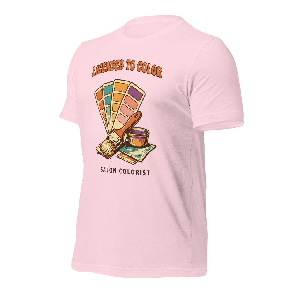 Salon colorist Licensed to Color retro tee — Soft Pink, front-right