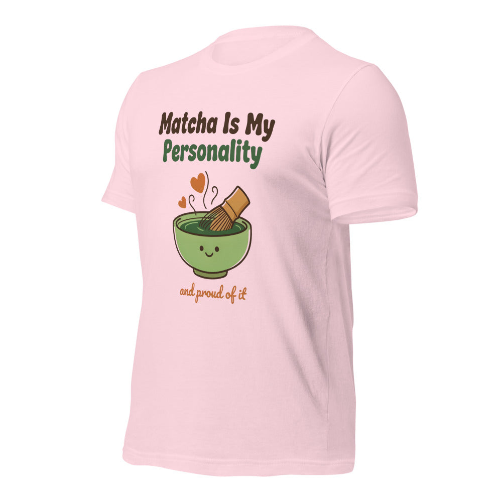 Matcha Is My Personality retro matcha tee — Soft Pink, front-right