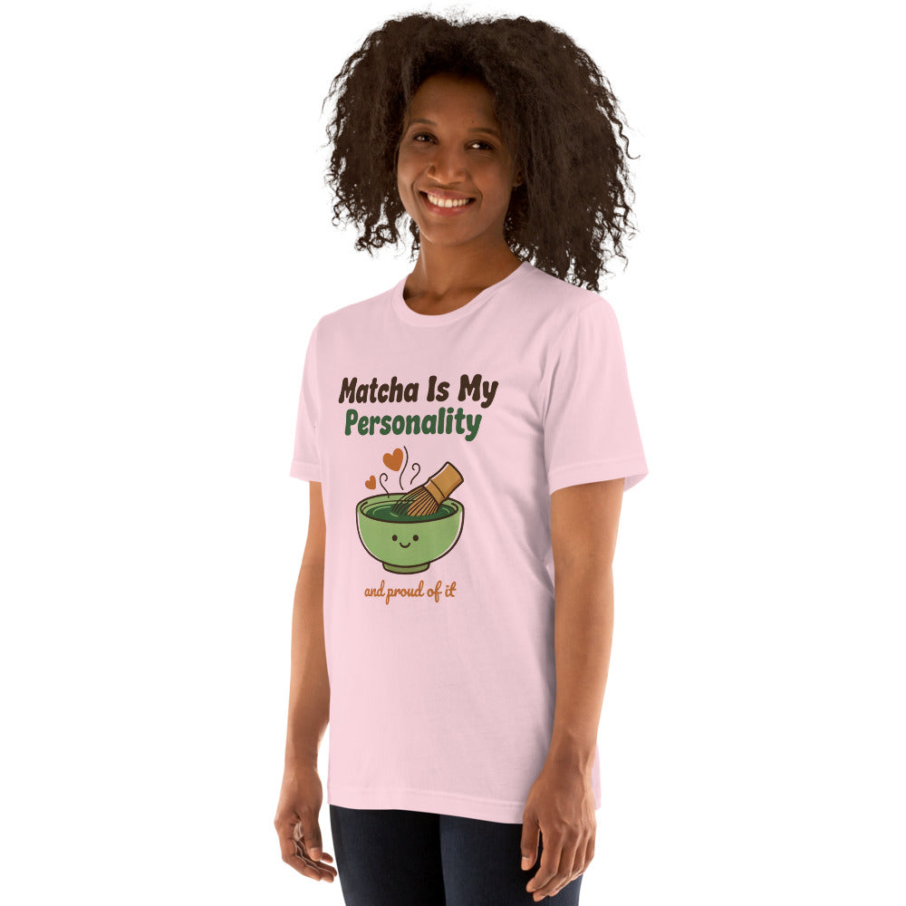 Matcha Is My Personality retro matcha tee — Soft Pink, on model