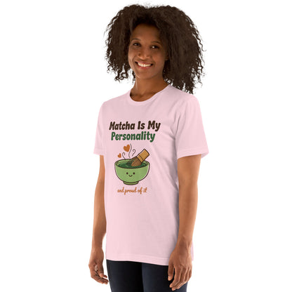 Matcha Is My Personality retro matcha tee — Soft Pink, on model