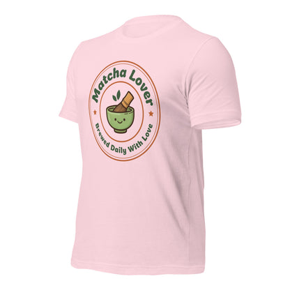 Matcha Lover retro café badge tee — Soft Pink, front-right
