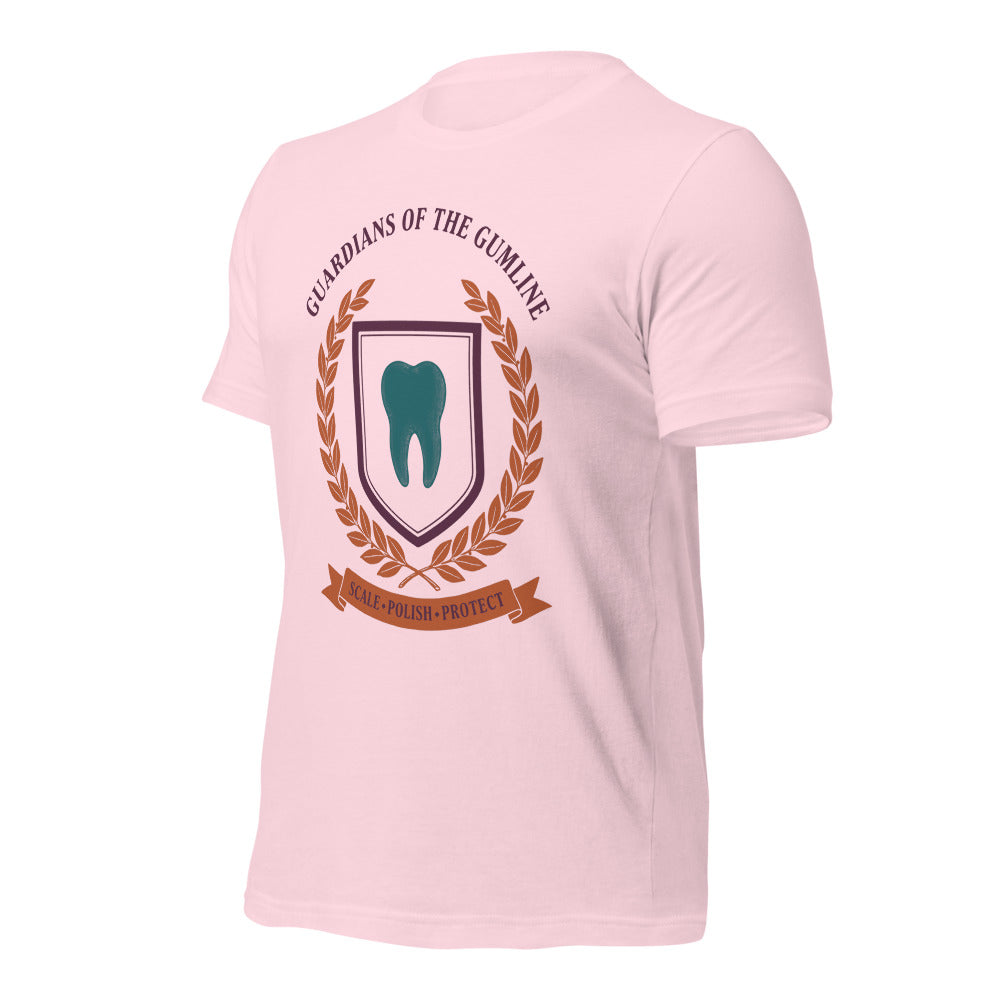 Guardians of the Gumline dental hygienist tee — Soft Pink, front-right