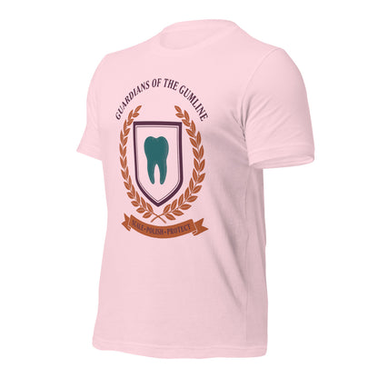 Guardians of the Gumline dental hygienist tee — Soft Pink, front-right