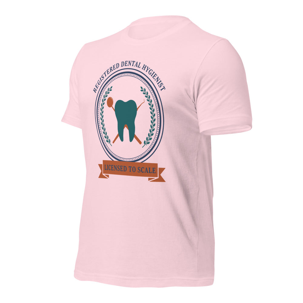 Licensed to Scale registered dental hygienist tee — Soft Pink, front-right