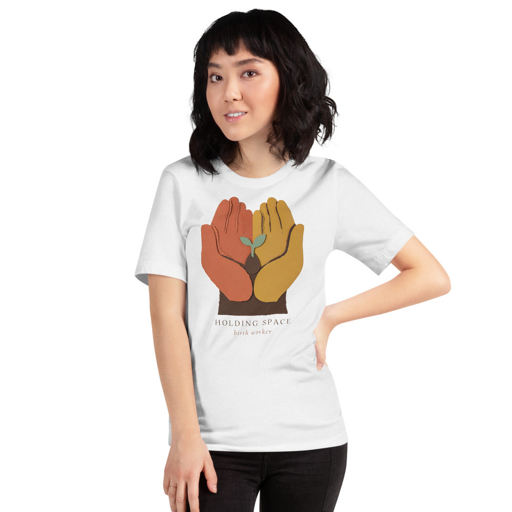 Holding Space birth worker doula t-shirt — Solid White Blend, on model