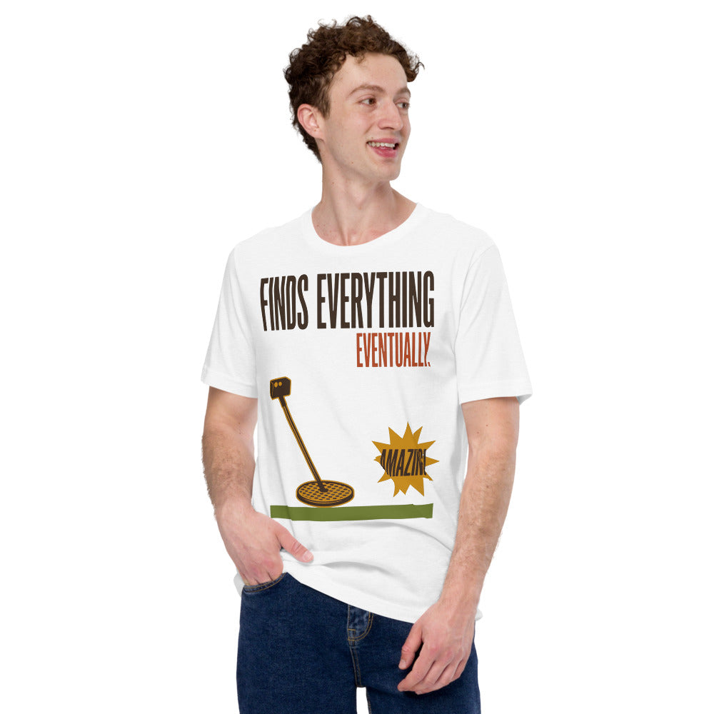 Finds Everything Eventually retro metal detecting tee — Solid White Blend, on model