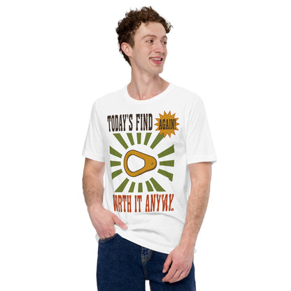 Today's Find pull tab retro metal detecting tee — Solid White Blend, on model