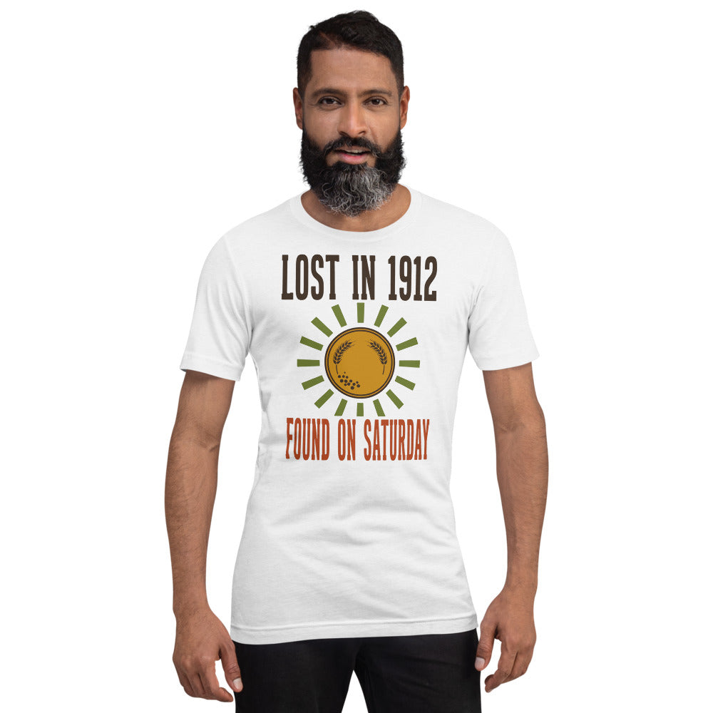 Lost in 1912 Found on Saturday retro metal detecting tee — Solid White Blend, on model