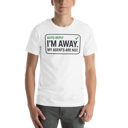 Auto-Reply agentic AI engineer tee — Solid White Blend, on model