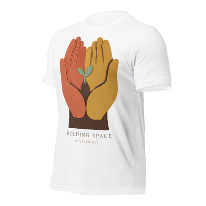 Holding Space birth worker doula t-shirt — Solid White Blend, front-right