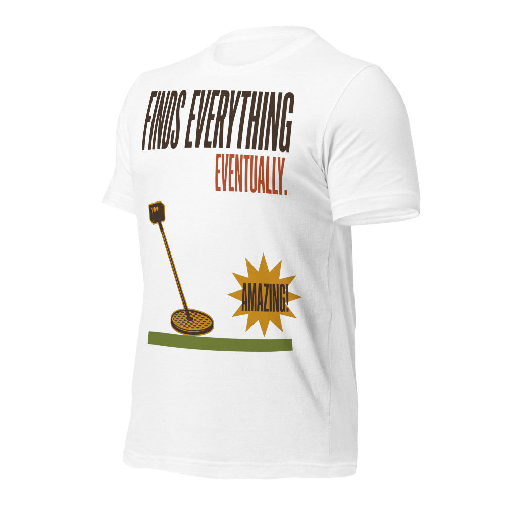 Finds Everything Eventually retro metal detecting tee — Solid White Blend, front-right