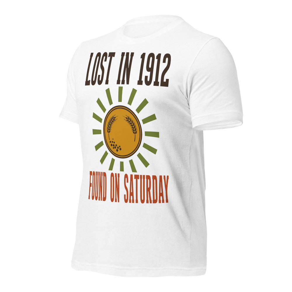 Lost in 1912 Found on Saturday retro metal detecting tee — Solid White Blend, front-right