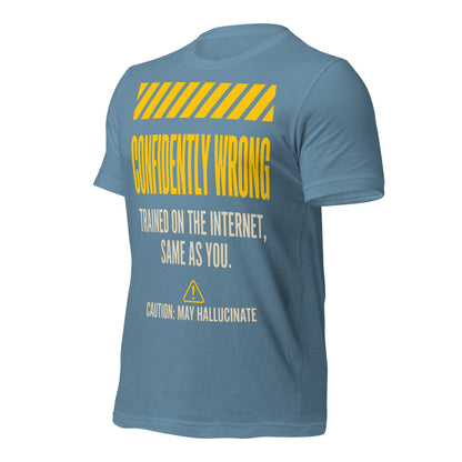 Confidently Wrong AI hazard-label unisex t-shirt — Steel Blue, front-right