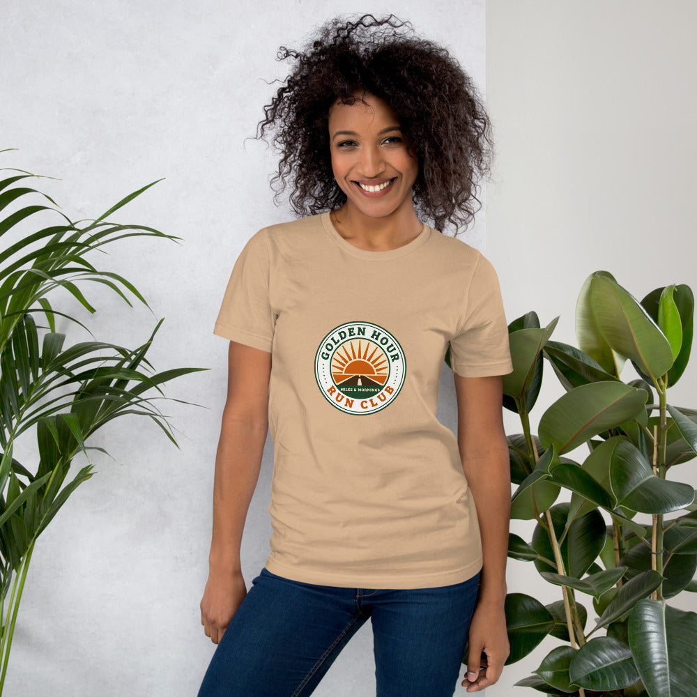 Golden Hour Run Club retro running tee — Tan, on model