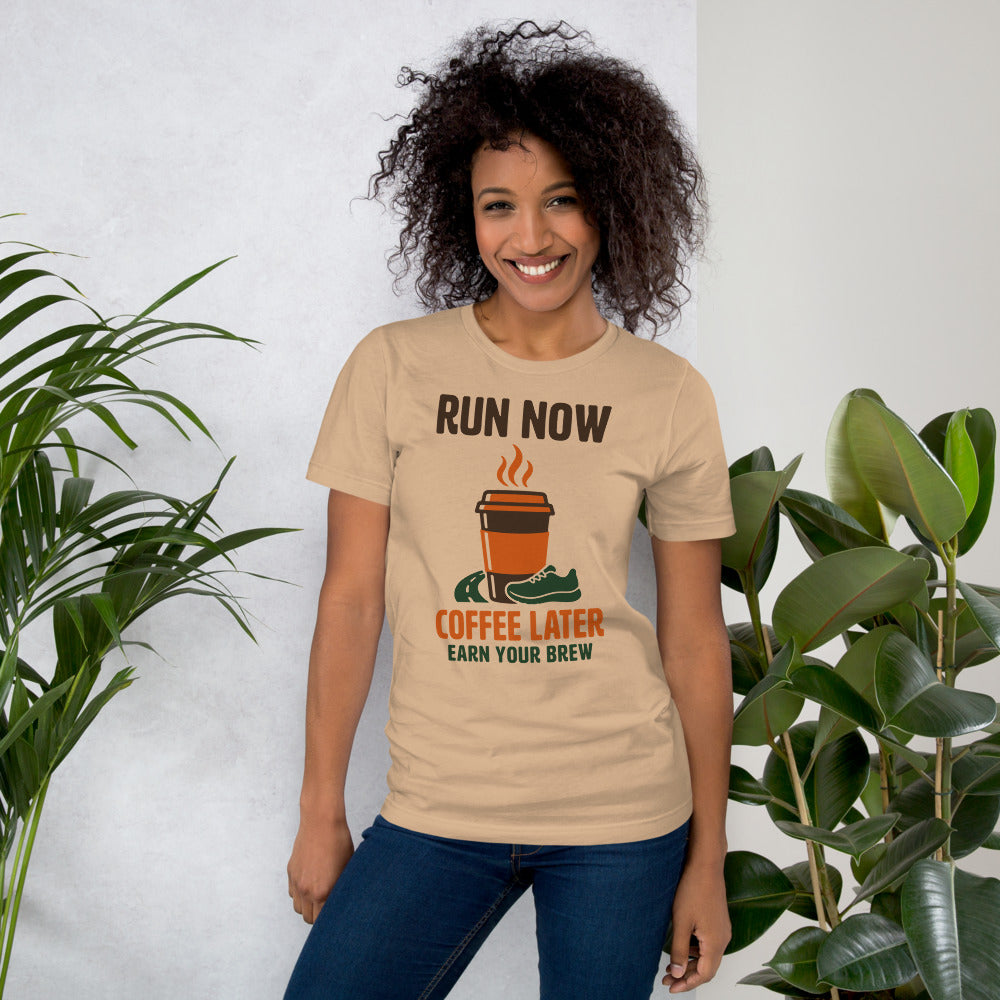 Run Now Coffee Later funny running tee — Tan, on model