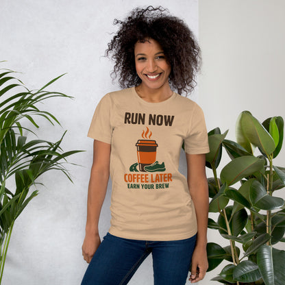 Run Now Coffee Later funny running tee — Tan, on model