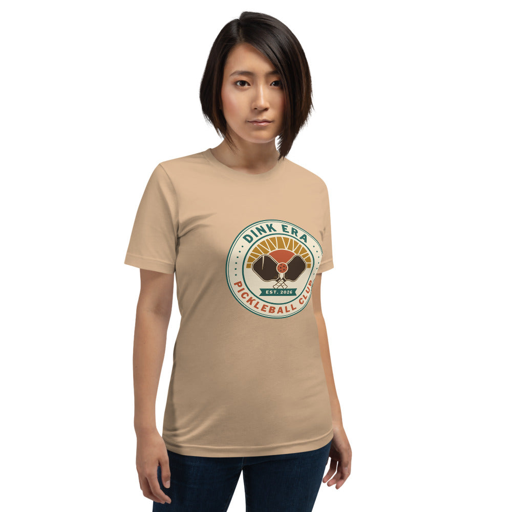 Dink Era Pickleball Club retro tee — Tan, on model