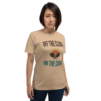 model wearing Off The Clock On The Court retro pickleball tee — Tan