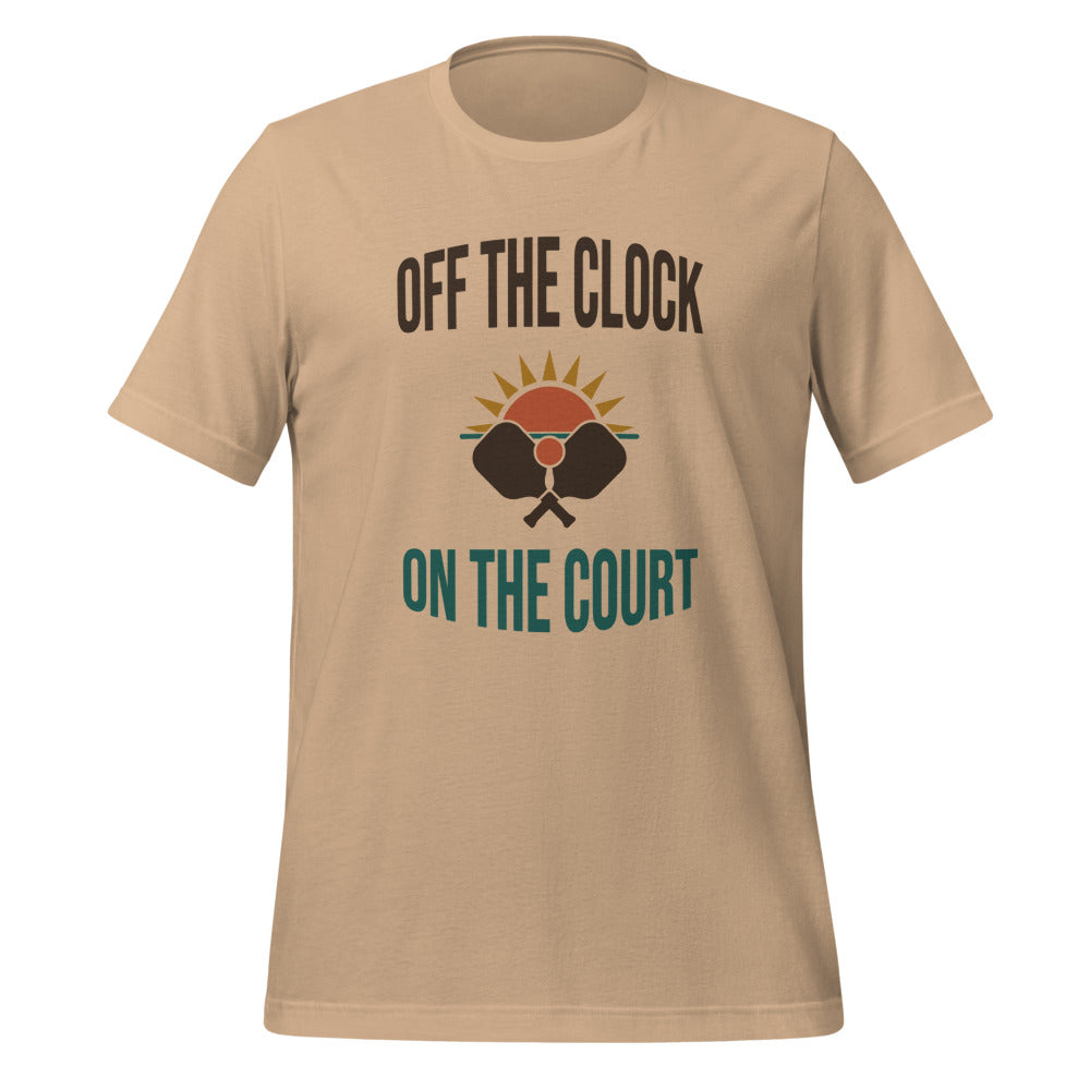 Off The Clock On The Court retro pickleball tee — Tan, front