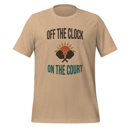 Off The Clock On The Court retro pickleball tee — Tan, front