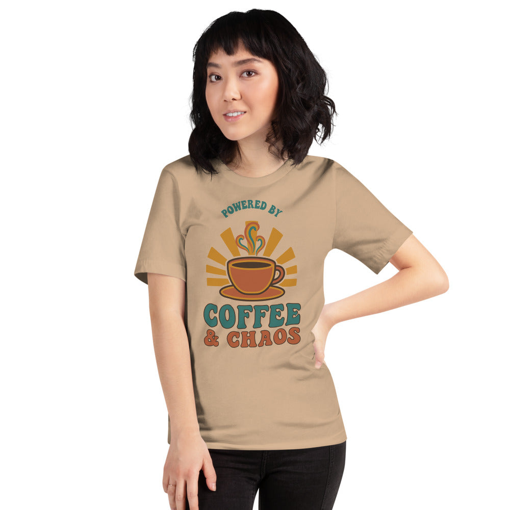 Powered By Coffee And Chaos retro groovy teacher tee — Tan, on model