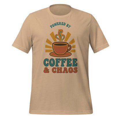 Powered By Coffee And Chaos retro groovy teacher tee — Tan, front