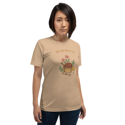 Just One More Row crochet cottagecore tee — Tan, on model