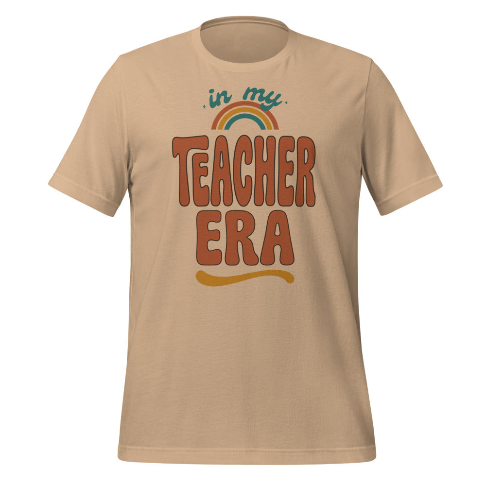 In My Teacher Era retro groovy teacher tee — Tan, front